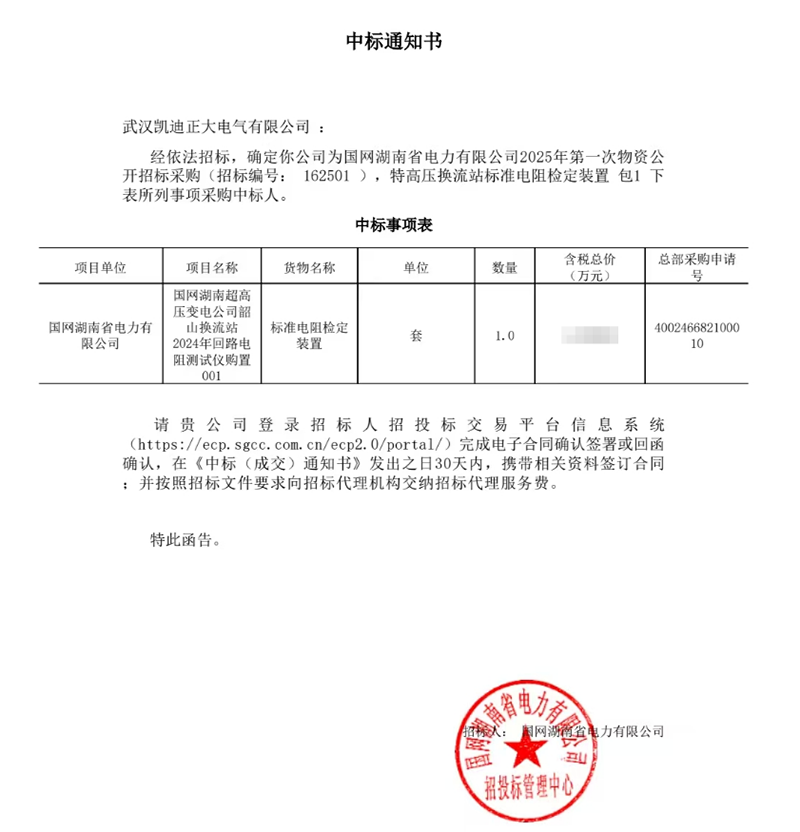 恭喜我司中標(biāo)國網(wǎng)湖南超高壓變電公司韶山換流站2024年回路電阻測試儀項目